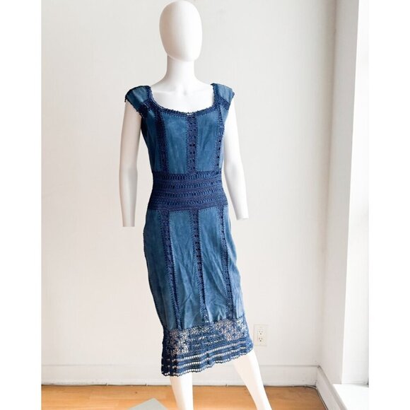 Danier Leather Blue Suede Crochet Bodycon Midi Dress 8 - Picture 2 of 8